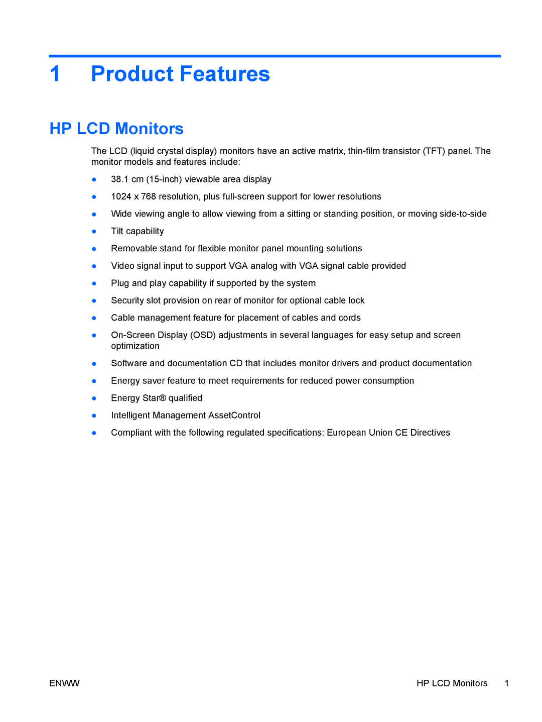 HP L1506x 15-inch Non-Touch manual Product Features, HP LCD Monitors 