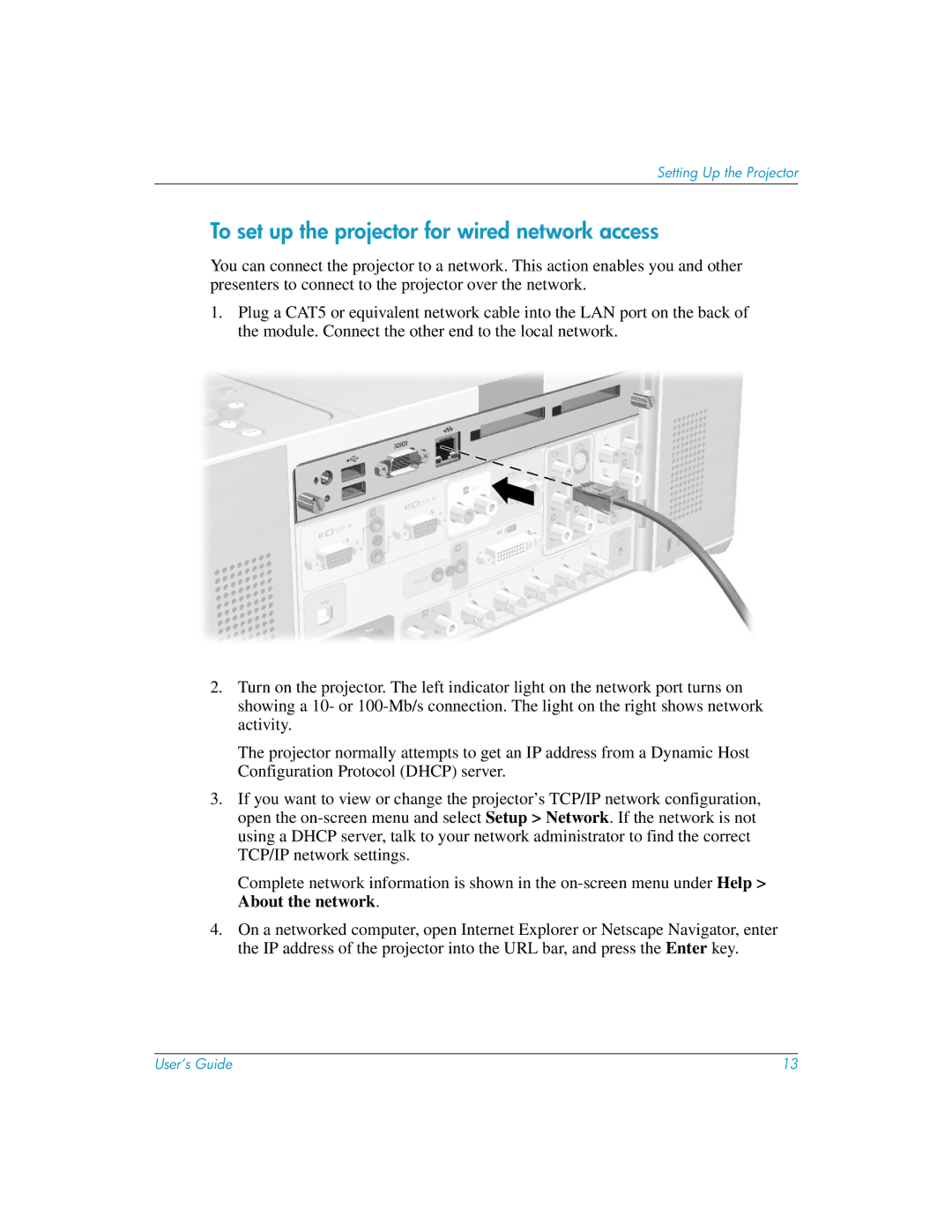 HP L1581A manual To set up the projector for wired network access 