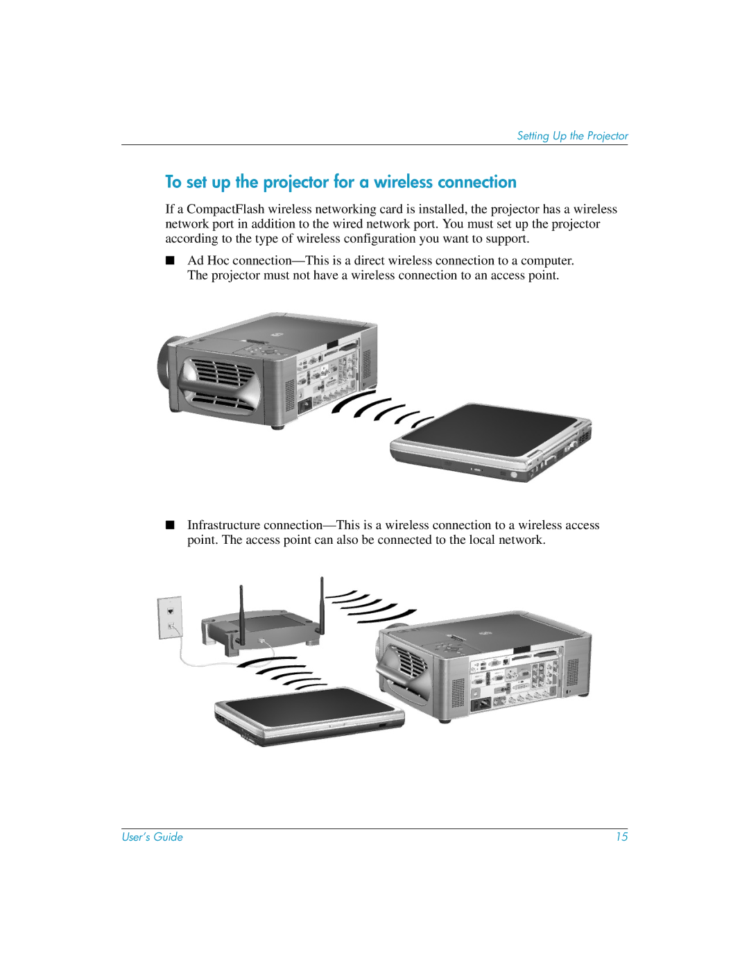 HP L1581A manual To set up the projector for a wireless connection 