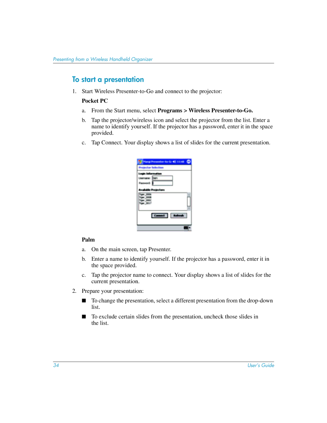 HP L1581A manual Start Wireless Presenter-to-Go and connect to the projector 