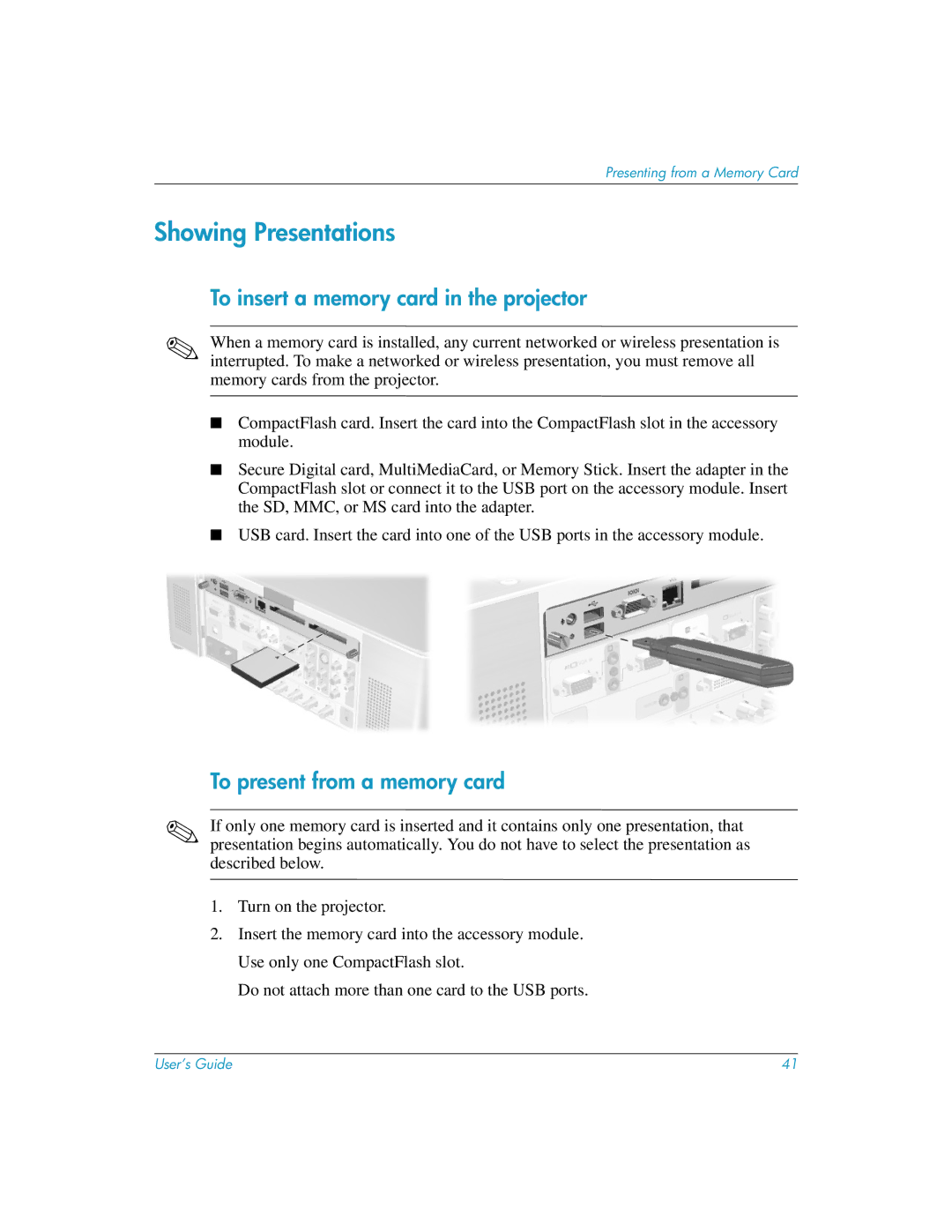 HP L1581A manual To insert a memory card in the projector, To present from a memory card 