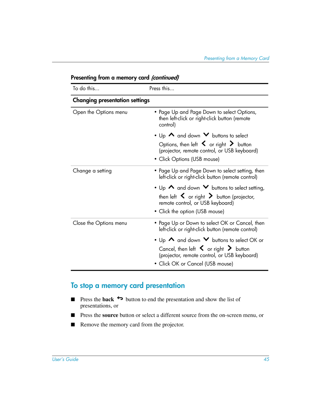 HP L1581A manual To stop a memory card presentation, Changing presentation settings 