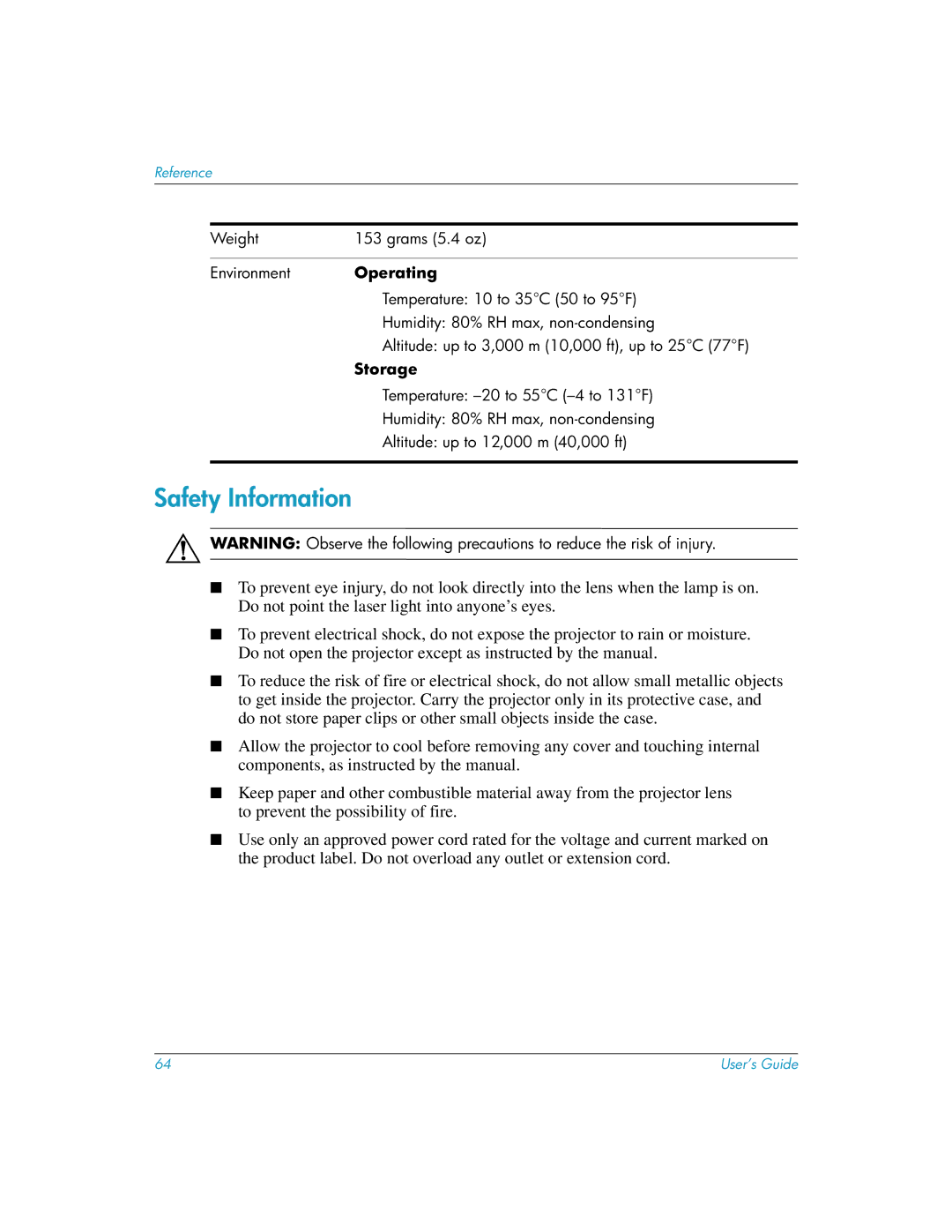 HP L1581A manual Safety Information, Storage 