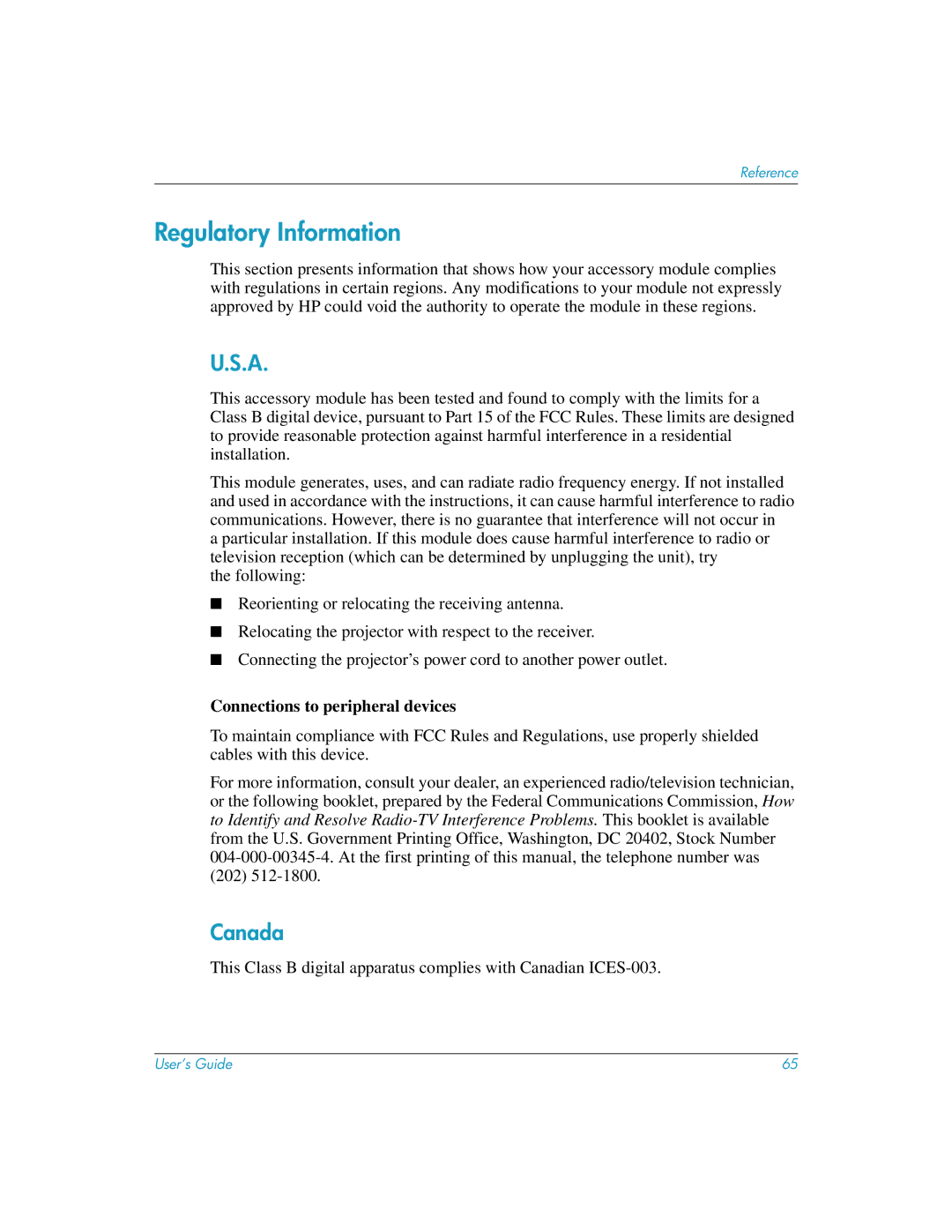 HP L1581A manual Regulatory Information, Canada, Connections to peripheral devices 