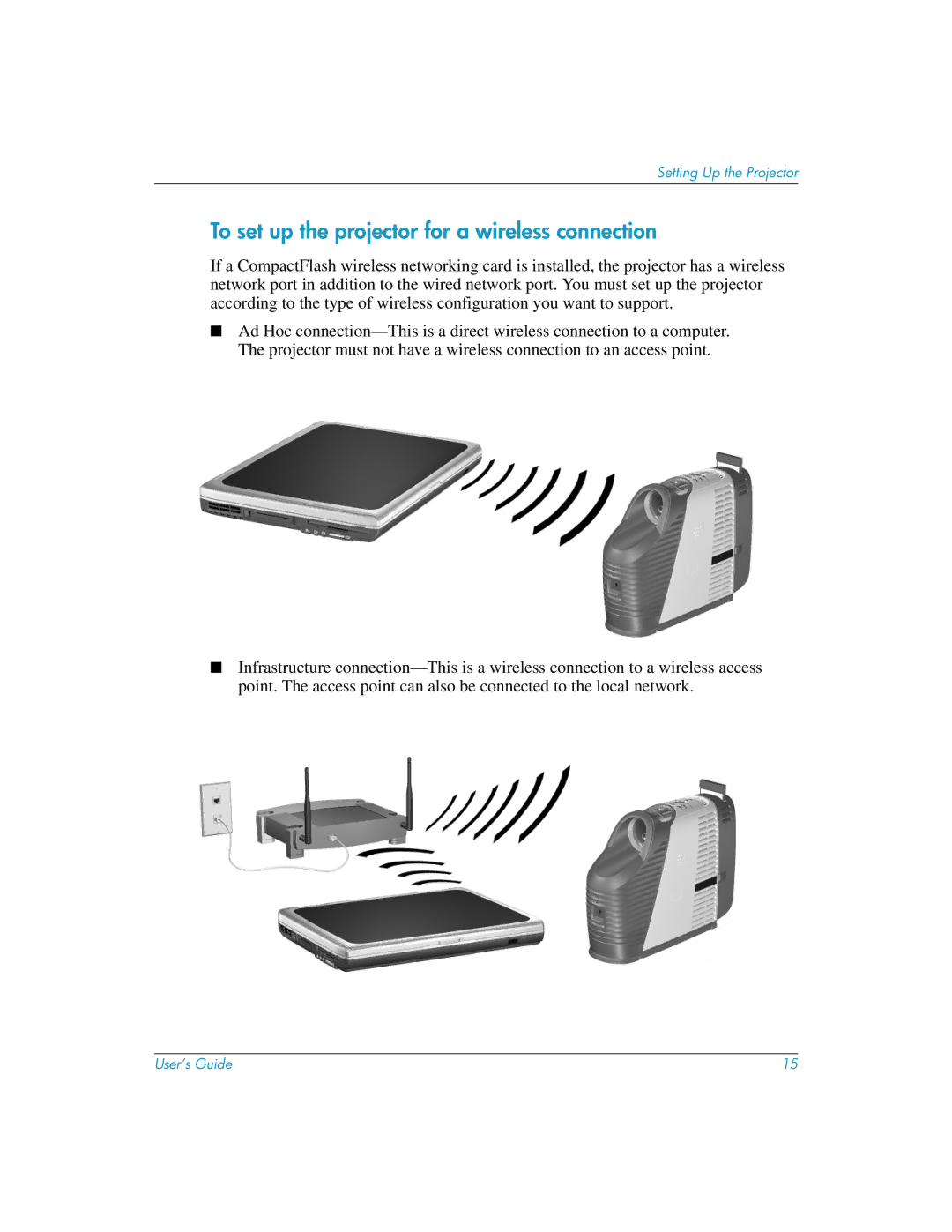 HP L1619A manual To set up the projector for a wireless connection 