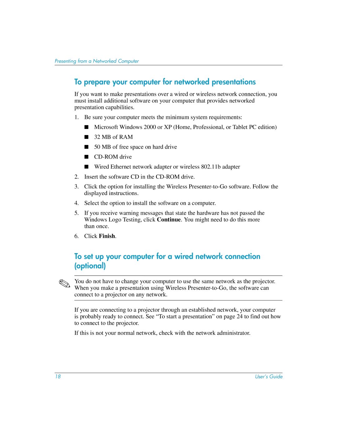 HP L1619A manual To prepare your computer for networked presentations 