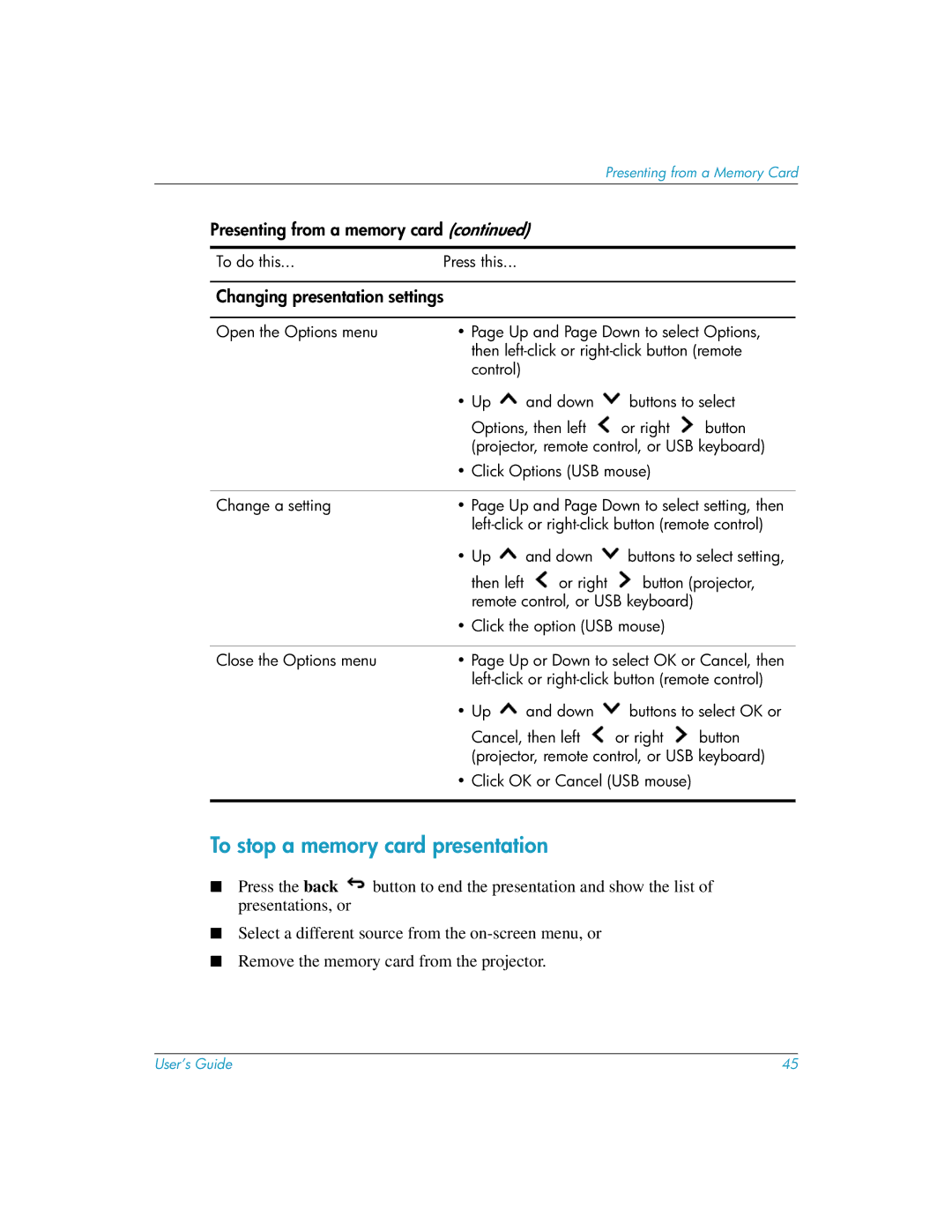 HP L1619A manual To stop a memory card presentation, Changing presentation settings 