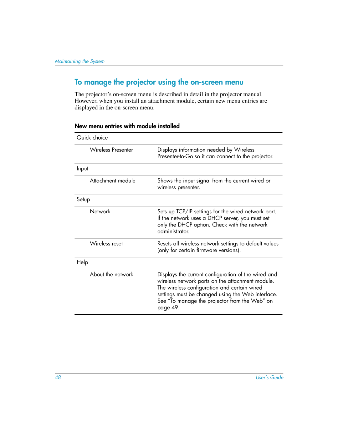 HP L1619A manual To manage the projector using the on-screen menu, New menu entries with module installed 