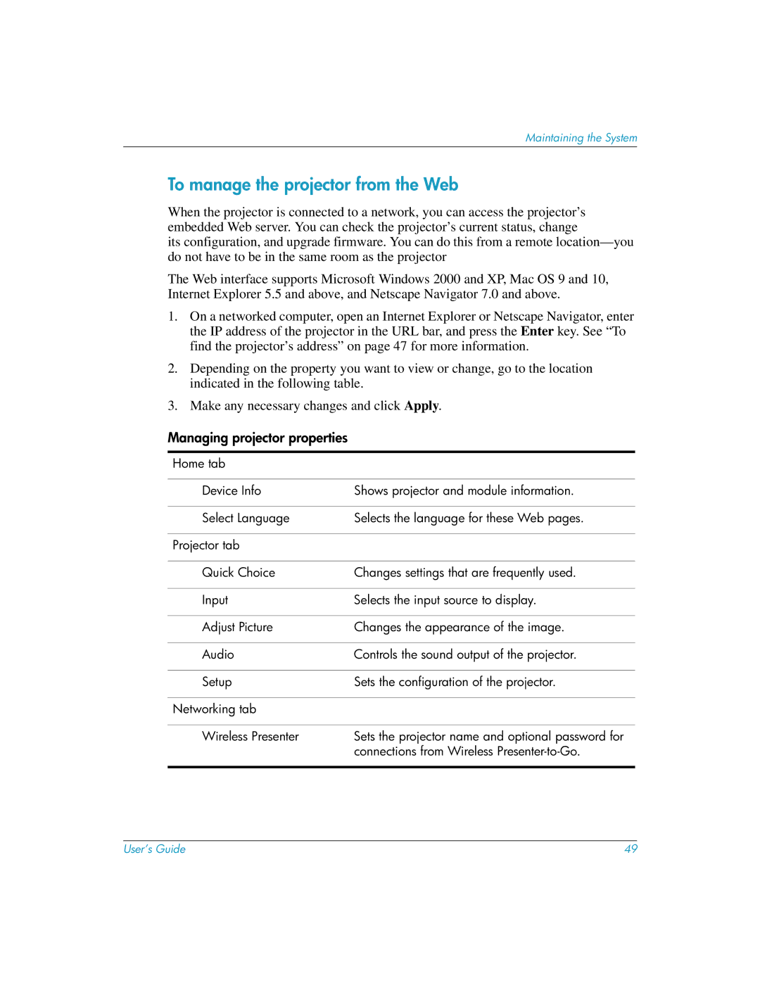 HP L1619A manual To manage the projector from the Web, Managing projector properties 