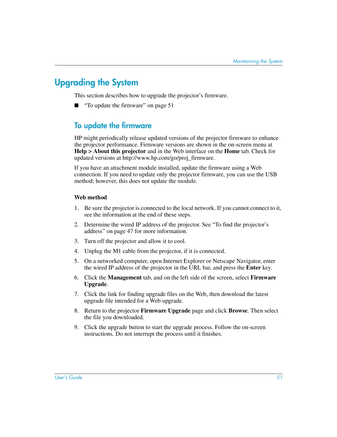 HP L1619A manual Upgrading the System, To update the firmware, Web method 