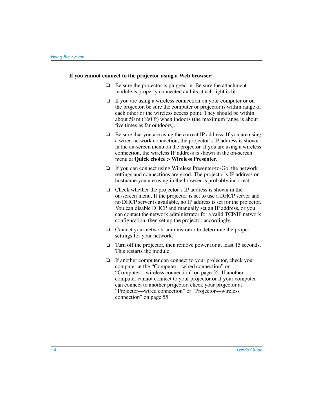 HP L1619A manual If you cannot connect to the projector using a Web browser 