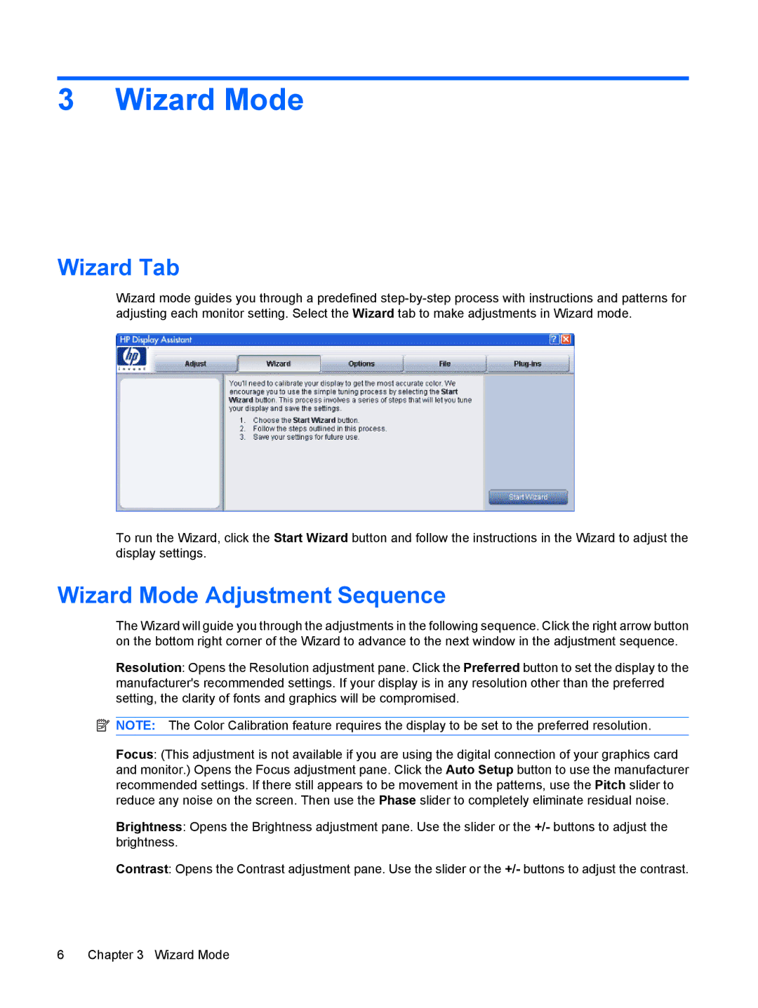 HP L1906 19-inch manual Wizard Tab, Wizard Mode Adjustment Sequence 