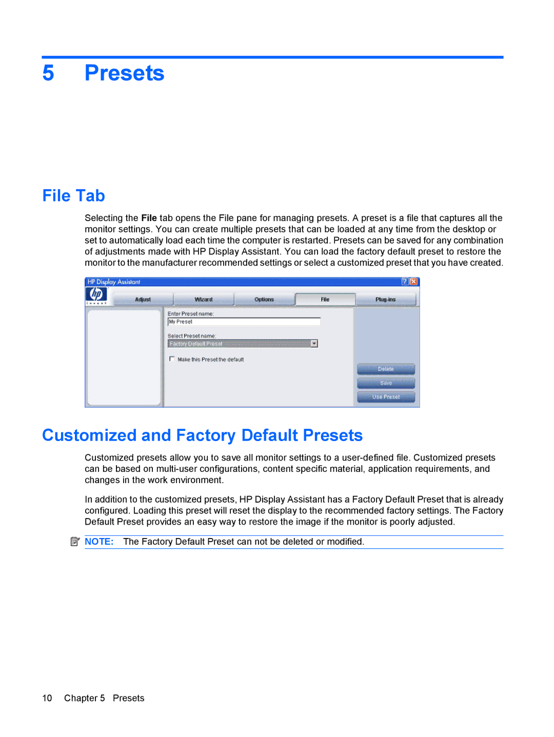 HP L1906 19-inch manual File Tab, Customized and Factory Default Presets 