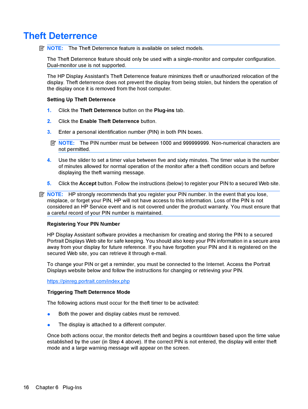HP L1906 19-inch Setting Up Theft Deterrence, Click the Enable Theft Deterrence button, Registering Your PIN Number 