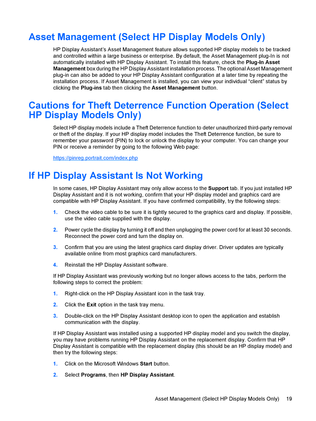 HP L1906 19-inch manual Asset Management Select HP Display Models Only, If HP Display Assistant Is Not Working 