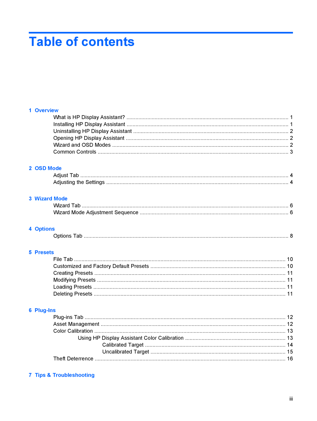 HP L1906 19-inch manual Table of contents 