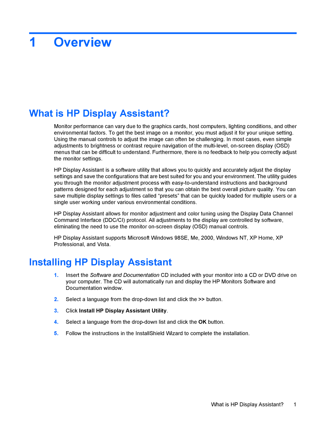 HP L1906 19-inch manual Overview, What is HP Display Assistant?, Installing HP Display Assistant 