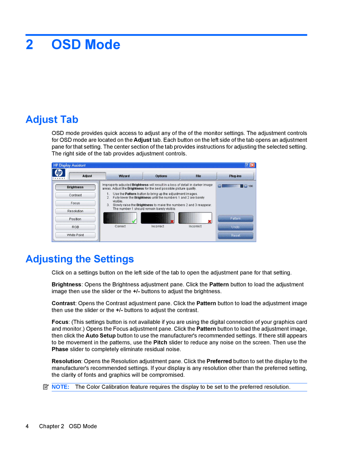 HP L1906 19-inch manual OSD Mode, Adjust Tab, Adjusting the Settings 