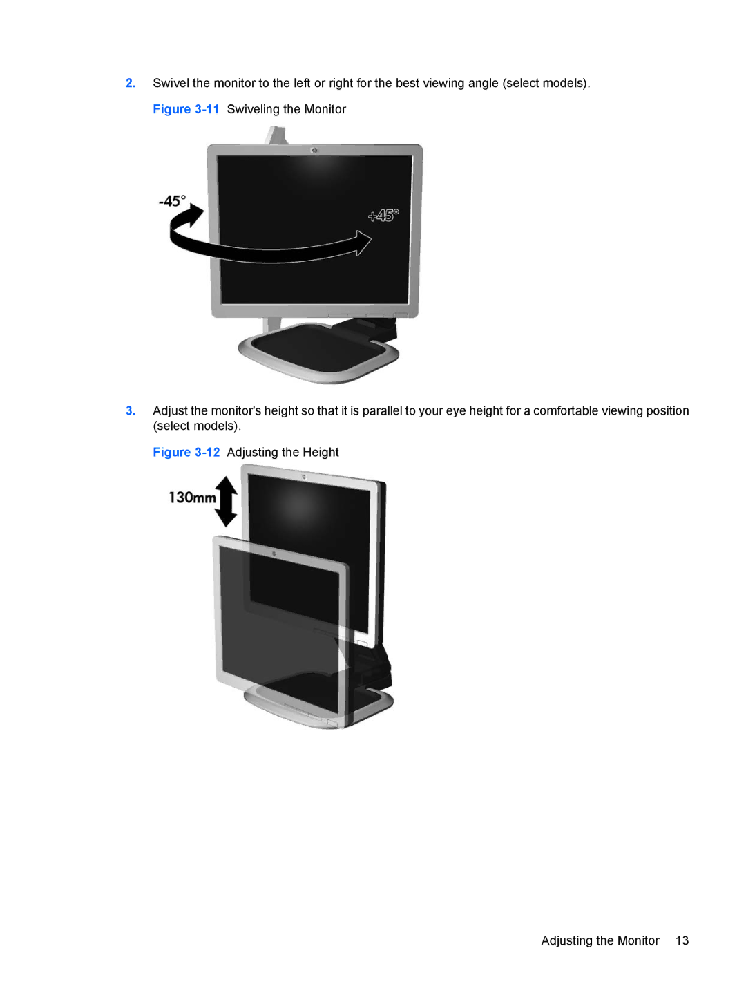 HP L1908w 19-inch manual 12Adjusting the Height Adjusting the Monitor 