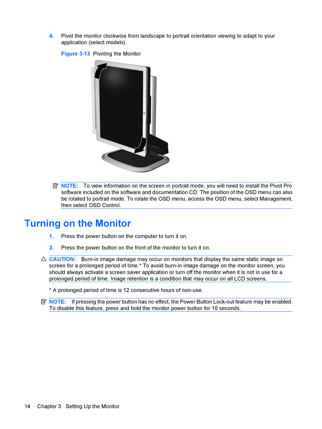 HP L1908w 19-inch manual Turning on the Monitor, 13Pivoting the Monitor 