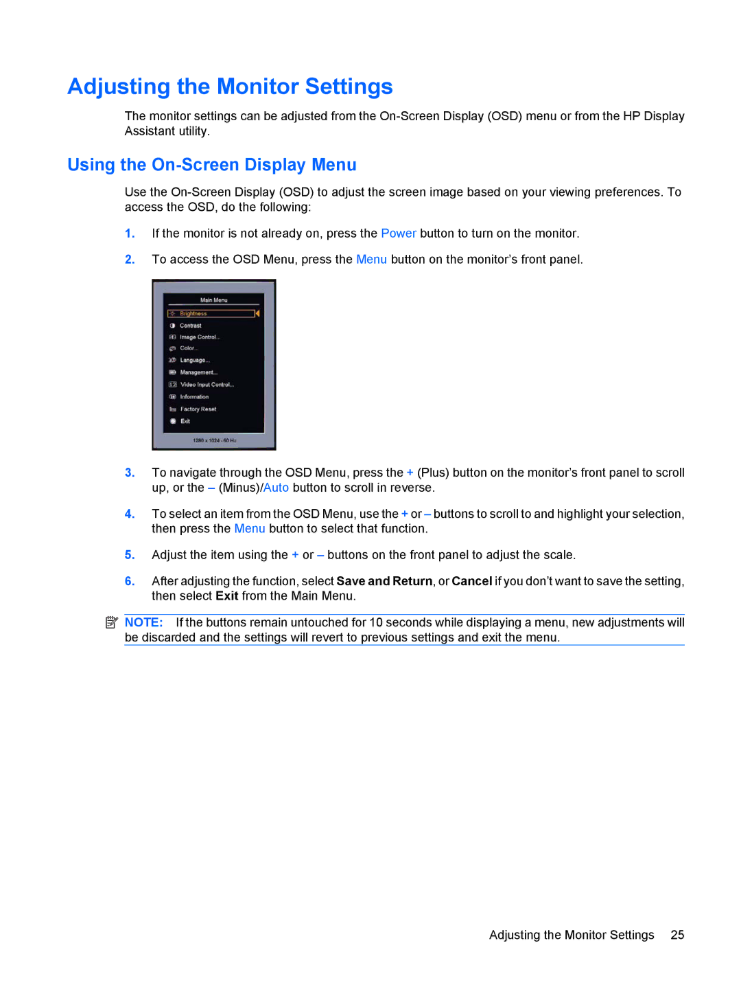 HP L1908w 19-inch manual Adjusting the Monitor Settings, Using the On-Screen Display Menu 