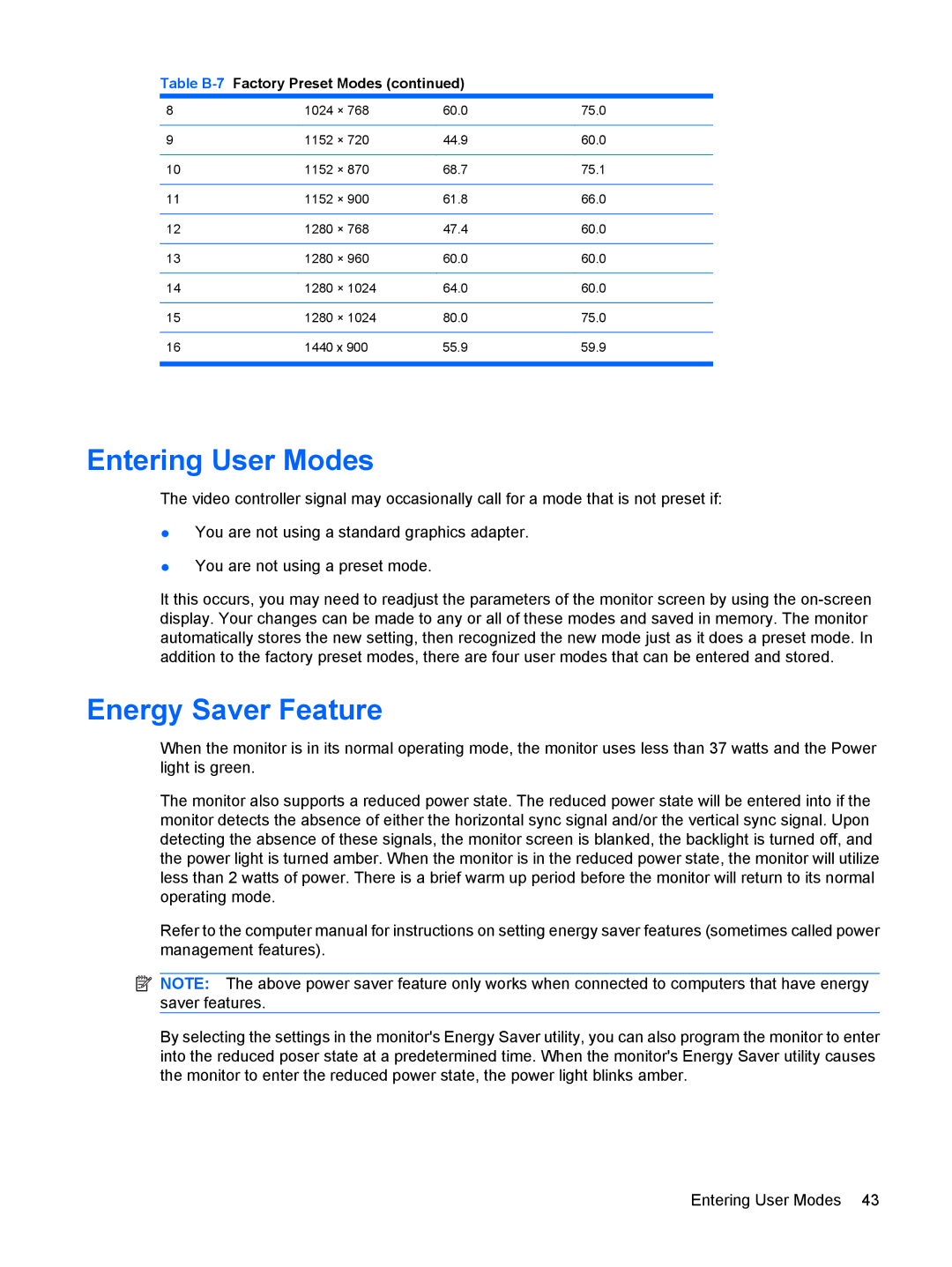 HP L1908w 19-inch manual Entering User Modes, Energy Saver Feature 