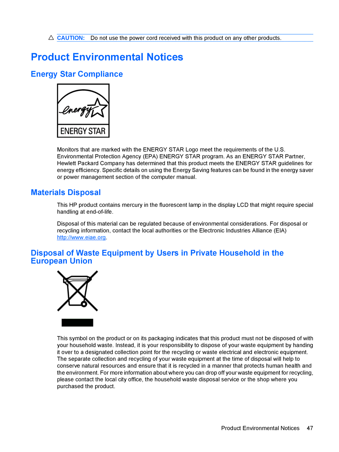 HP L1908w 19-inch manual Product Environmental Notices, Energy Star Compliance, Materials Disposal 