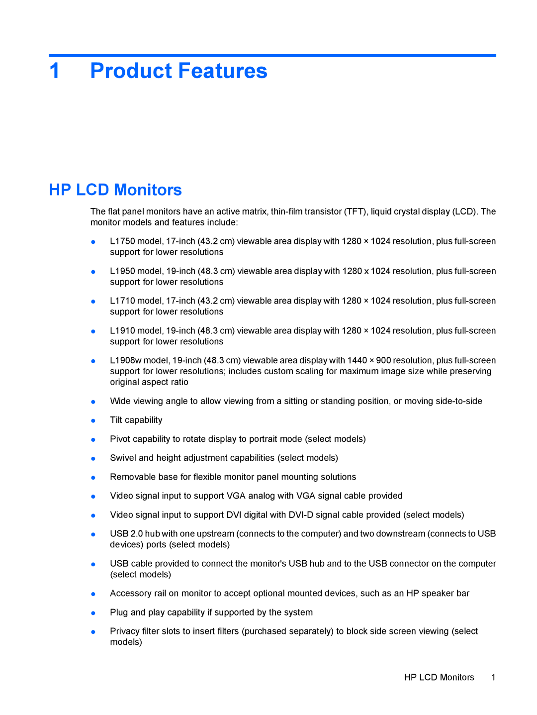 HP L1908w 19-inch manual Product Features, HP LCD Monitors 