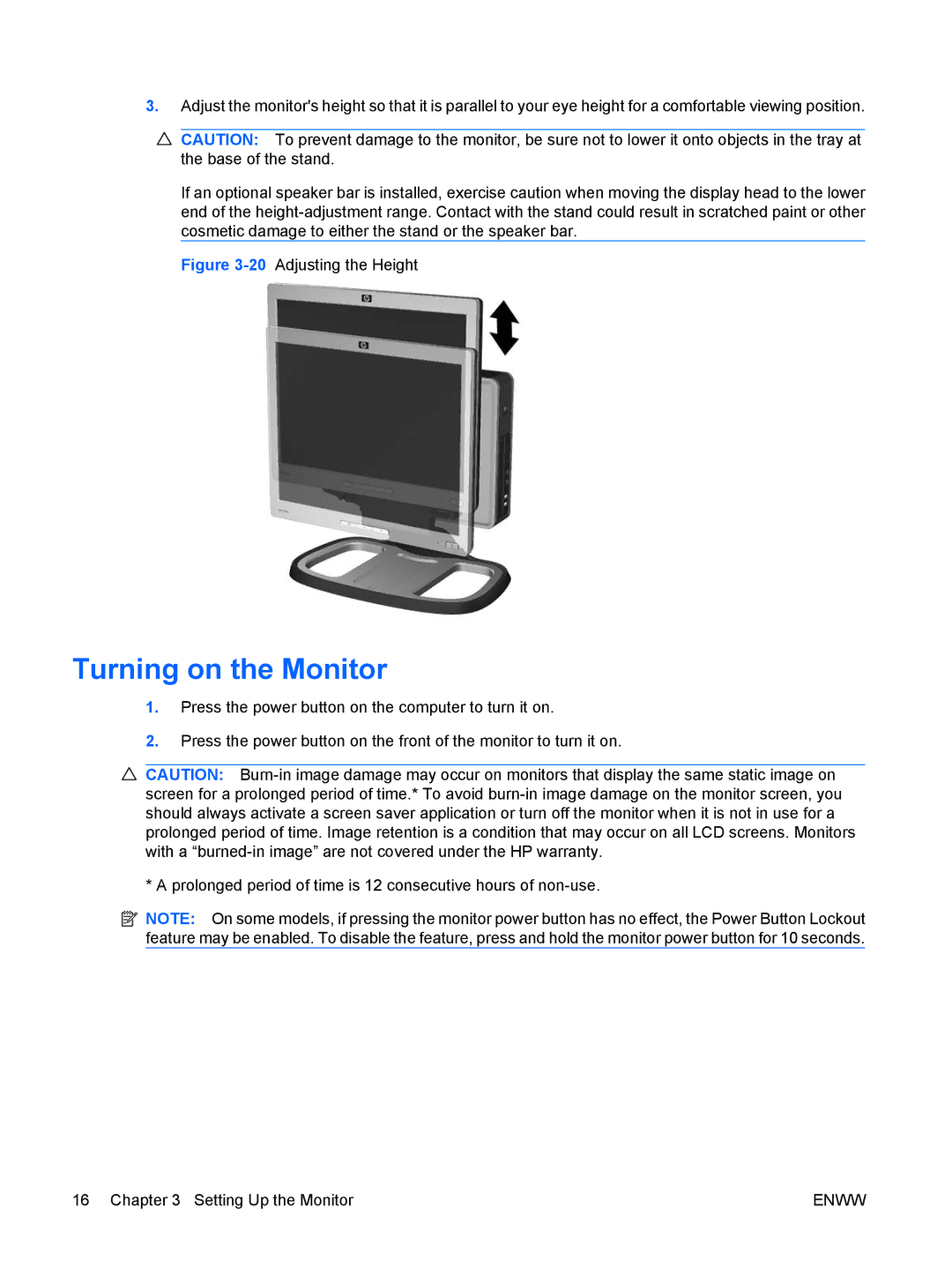 HP L1910I, LE1911I manual Turning on the Monitor, 20Adjusting the Height 