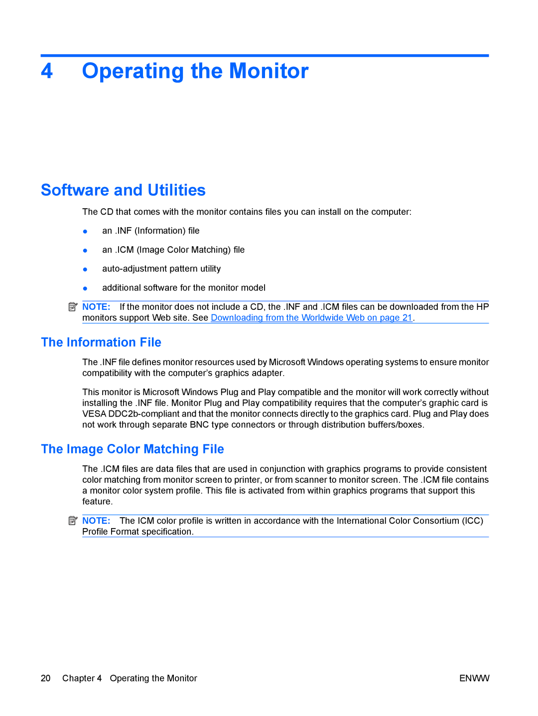 HP L1910I, LE1911I manual Operating the Monitor, Software and Utilities, Information File, Image Color Matching File 