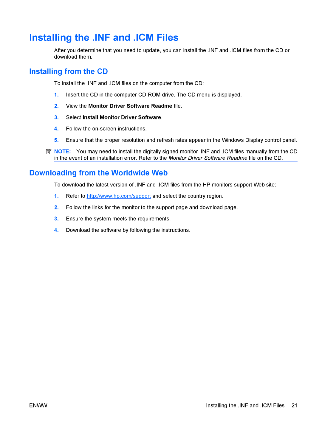 HP LE1911I, L1910I manual Installing the .INF and .ICM Files, Installing from the CD, Downloading from the Worldwide Web 