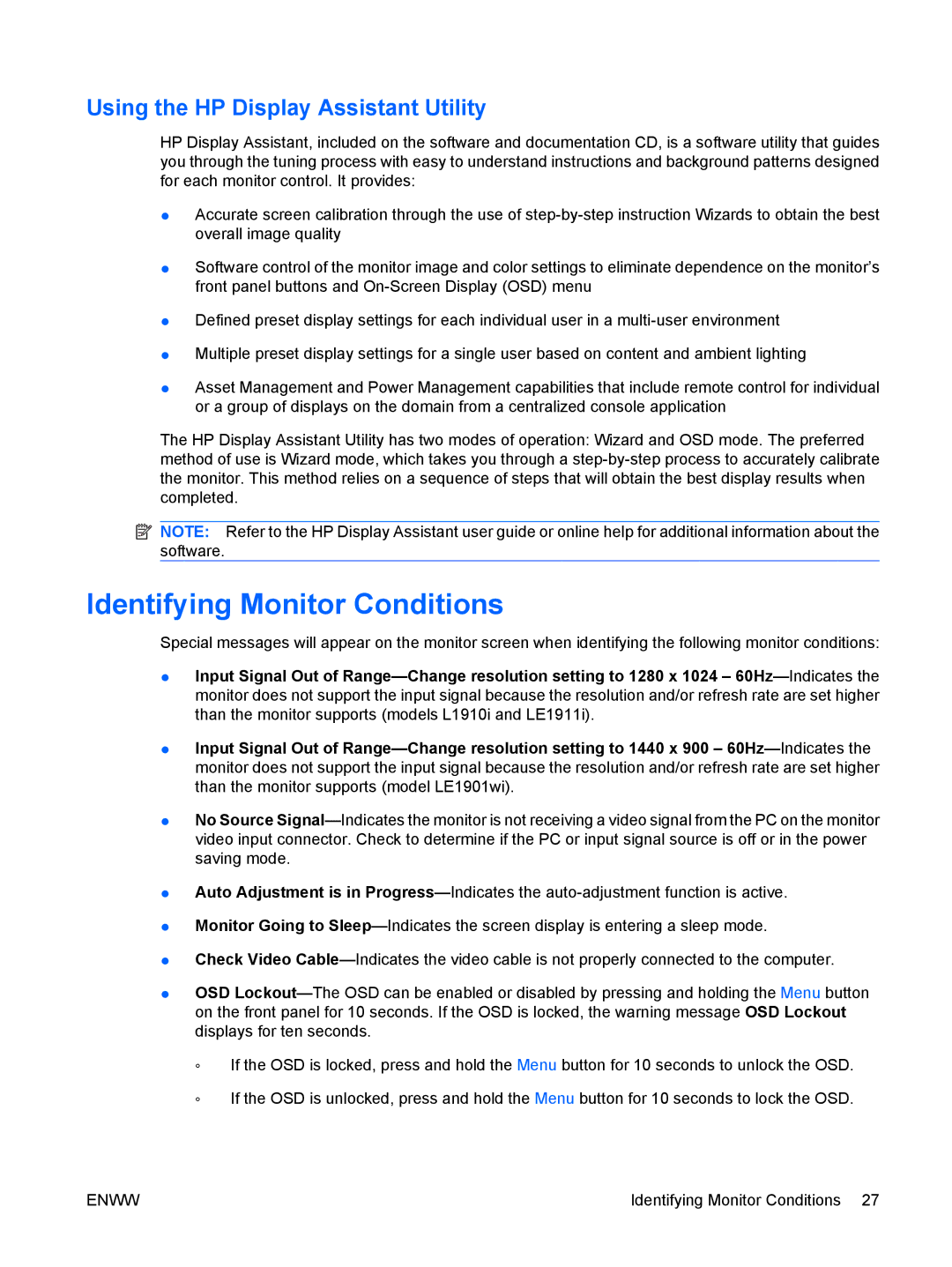 HP LE1911I, L1910I manual Identifying Monitor Conditions, Using the HP Display Assistant Utility 