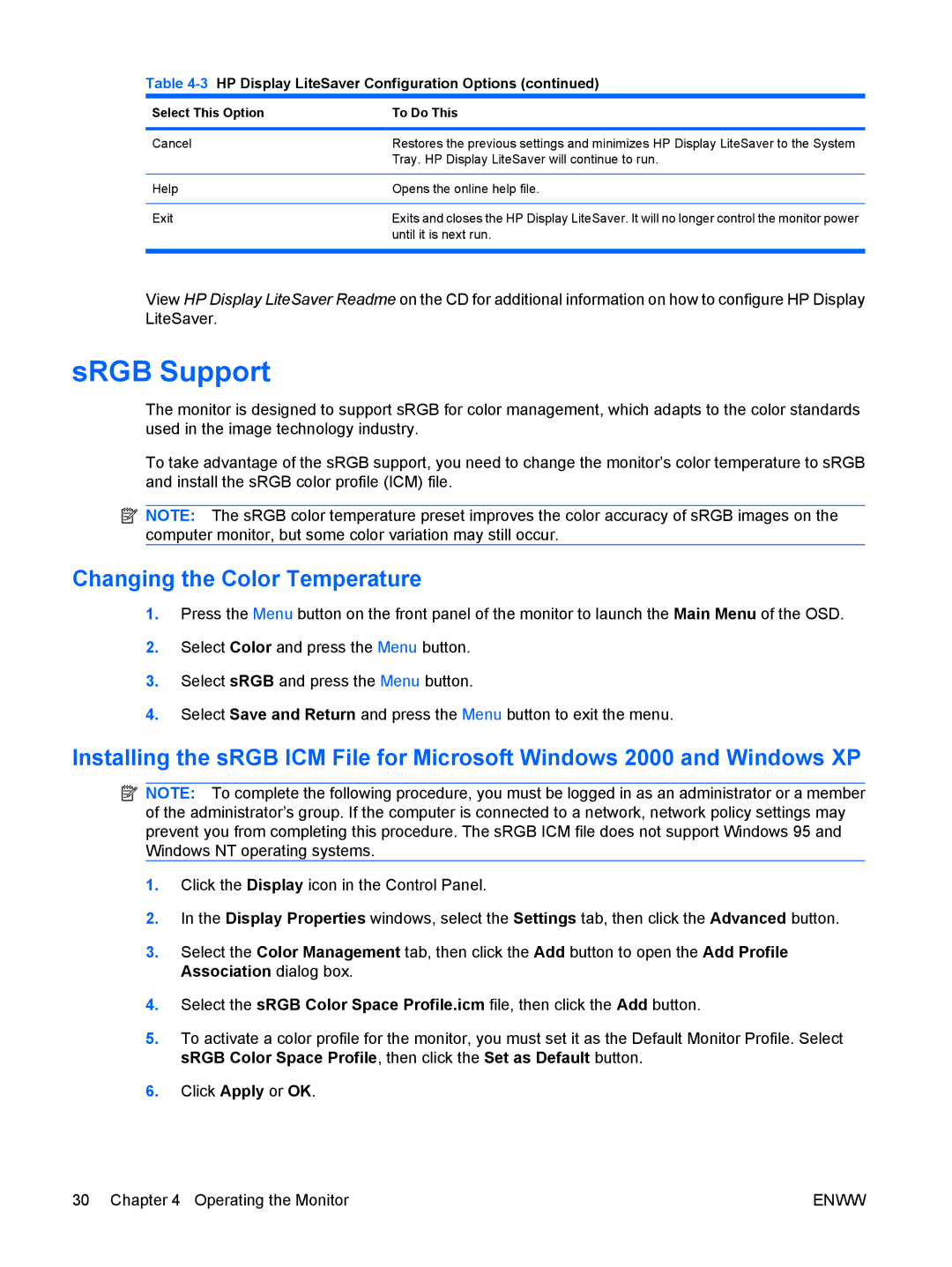 HP L1910I, LE1911I manual SRGB Support, Changing the Color Temperature 