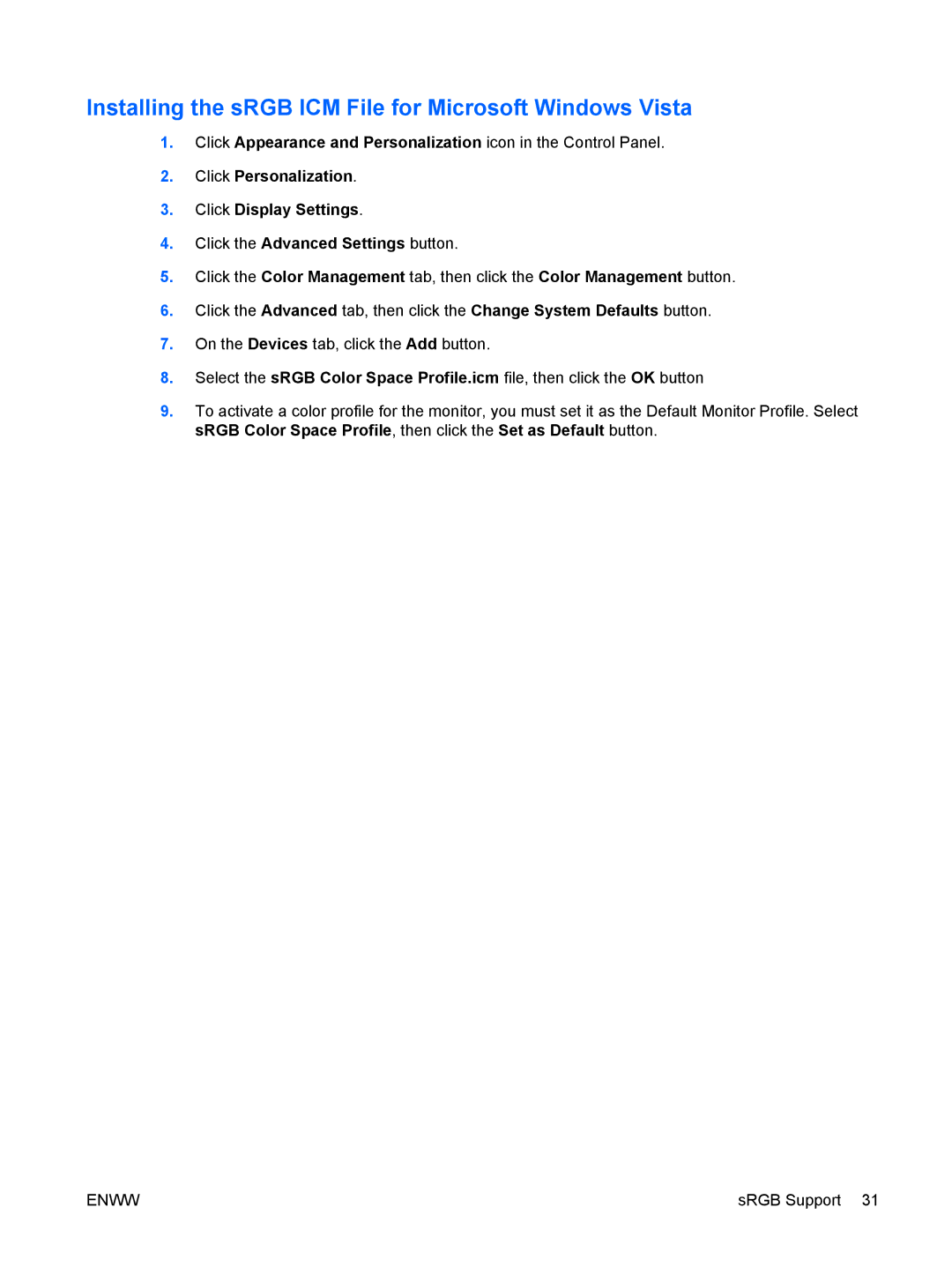 HP LE1911I, L1910I manual Installing the sRGB ICM File for Microsoft Windows Vista 