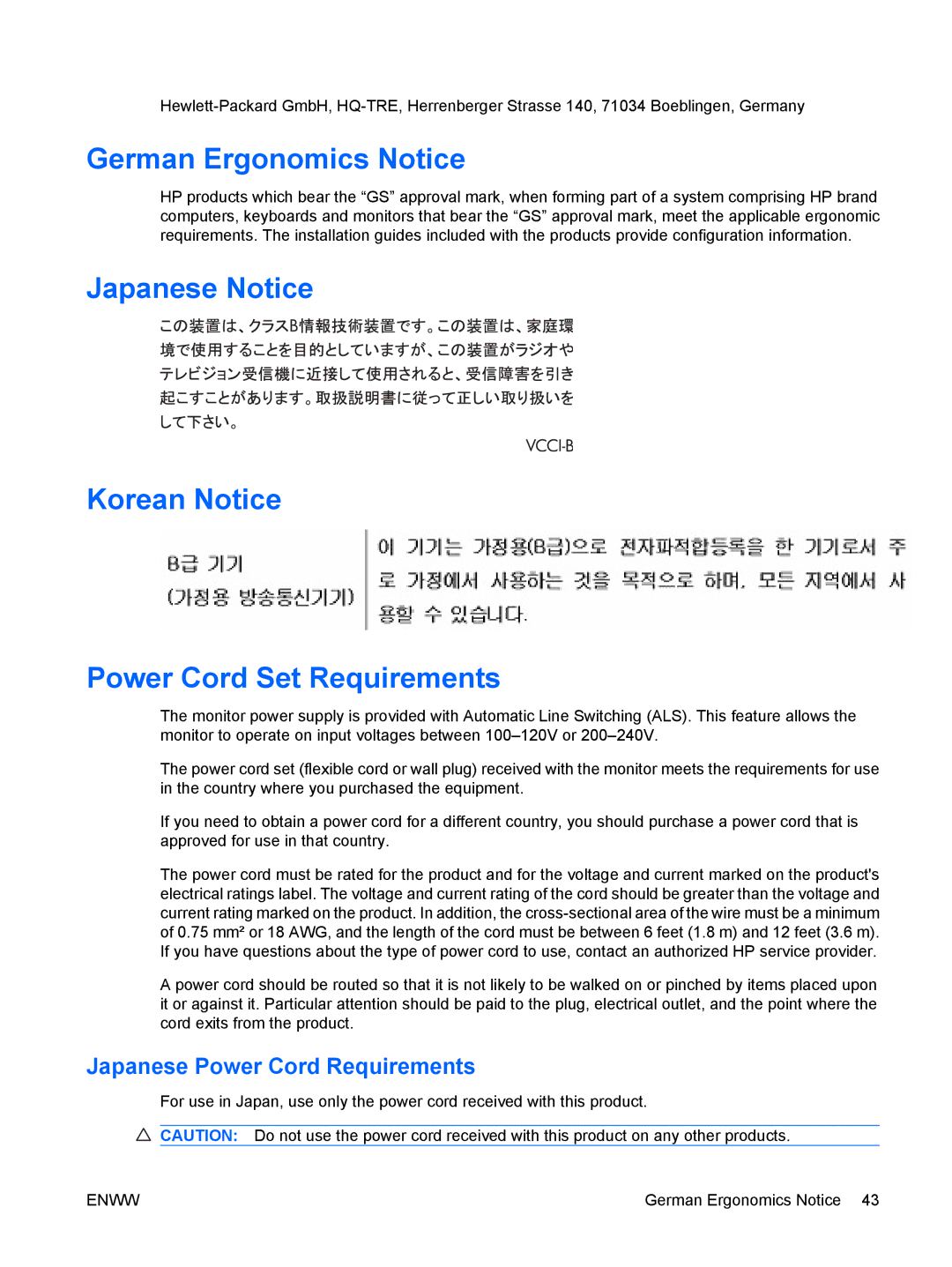 HP LE1911I, L1910I manual German Ergonomics Notice, Japanese Notice Korean Notice Power Cord Set Requirements 