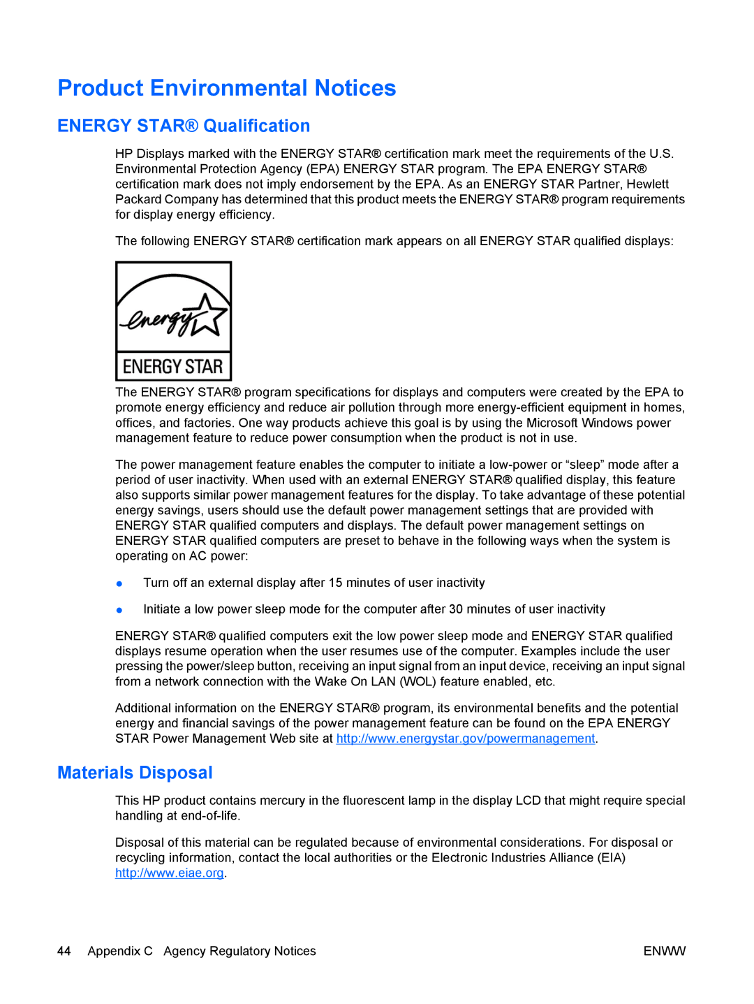 HP L1910I, LE1911I manual Product Environmental Notices, Energy Star Qualification, Materials Disposal 