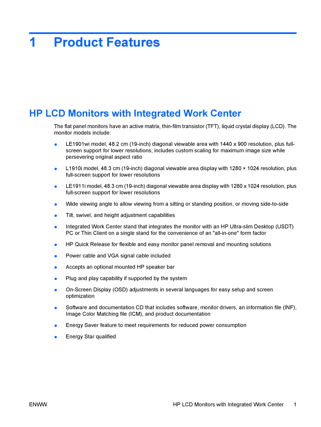 HP LE1911I, L1910I manual Product Features, HP LCD Monitors with Integrated Work Center 