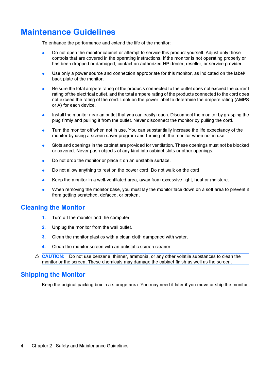 HP L1945wv 19-inch manual Maintenance Guidelines, Cleaning the Monitor, Shipping the Monitor 