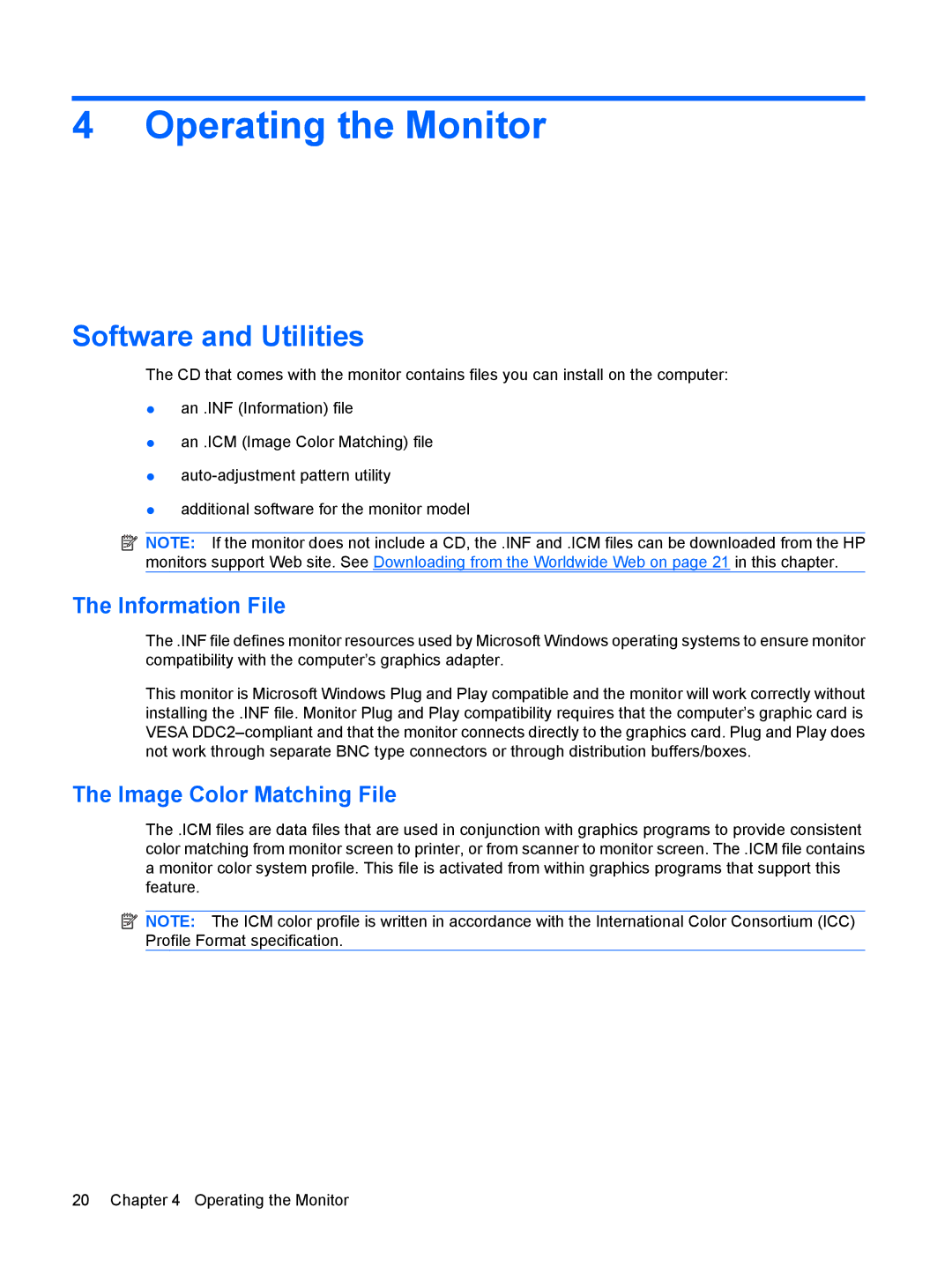 HP L1945wv 19-inch manual Operating the Monitor, Software and Utilities, Information File, Image Color Matching File 