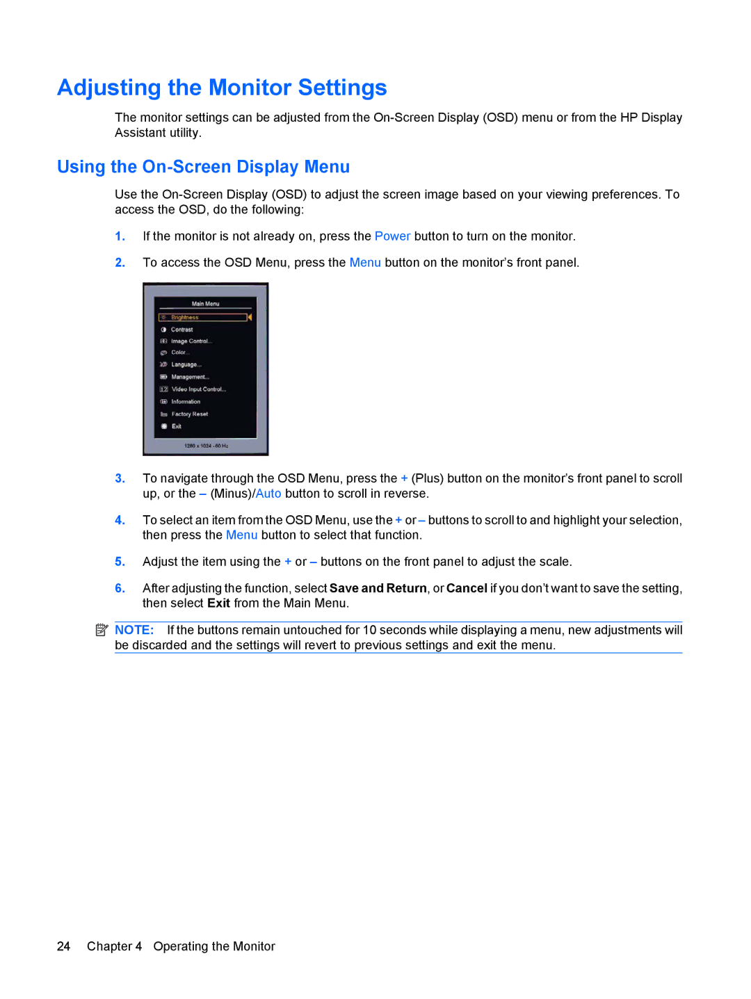 HP L1945wv 19-inch manual Adjusting the Monitor Settings, Using the On-Screen Display Menu 