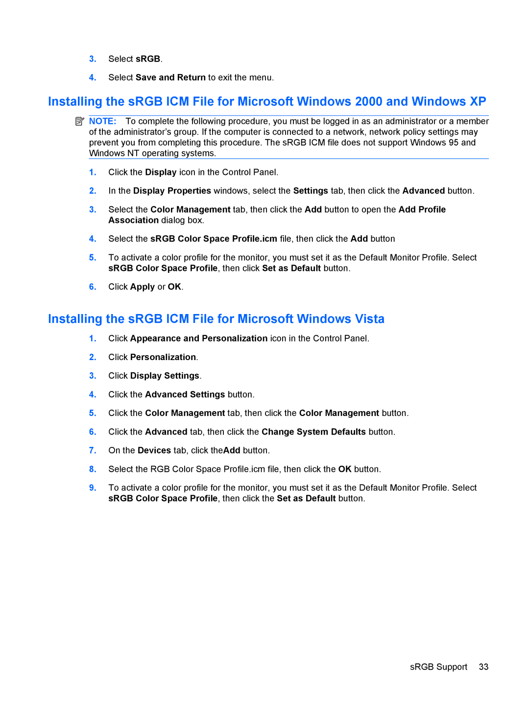 HP L1945wv 19-inch manual Installing the sRGB ICM File for Microsoft Windows Vista 