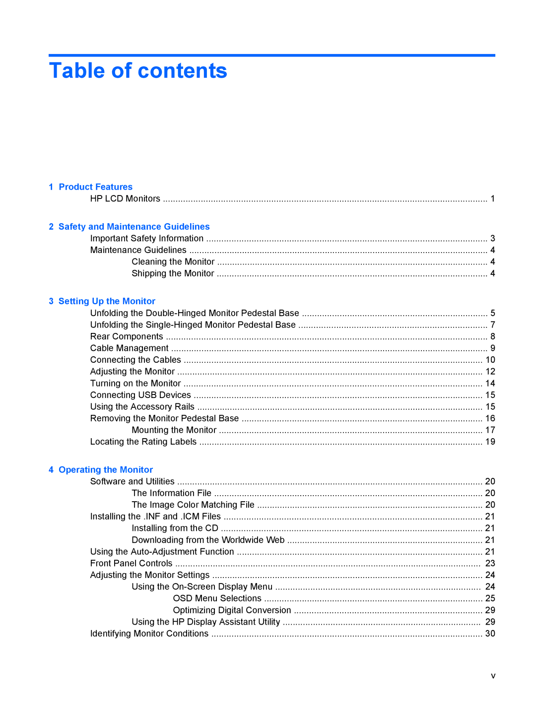 HP L1945wv 19-inch manual Table of contents 