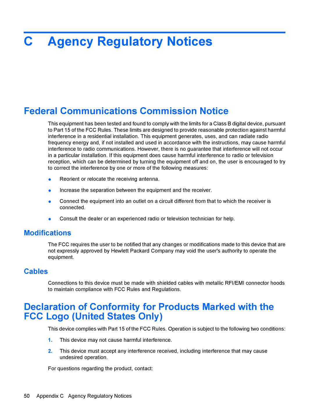 HP L1945wv 19-inch manual Agency Regulatory Notices, Federal Communications Commission Notice, Modifications, Cables 