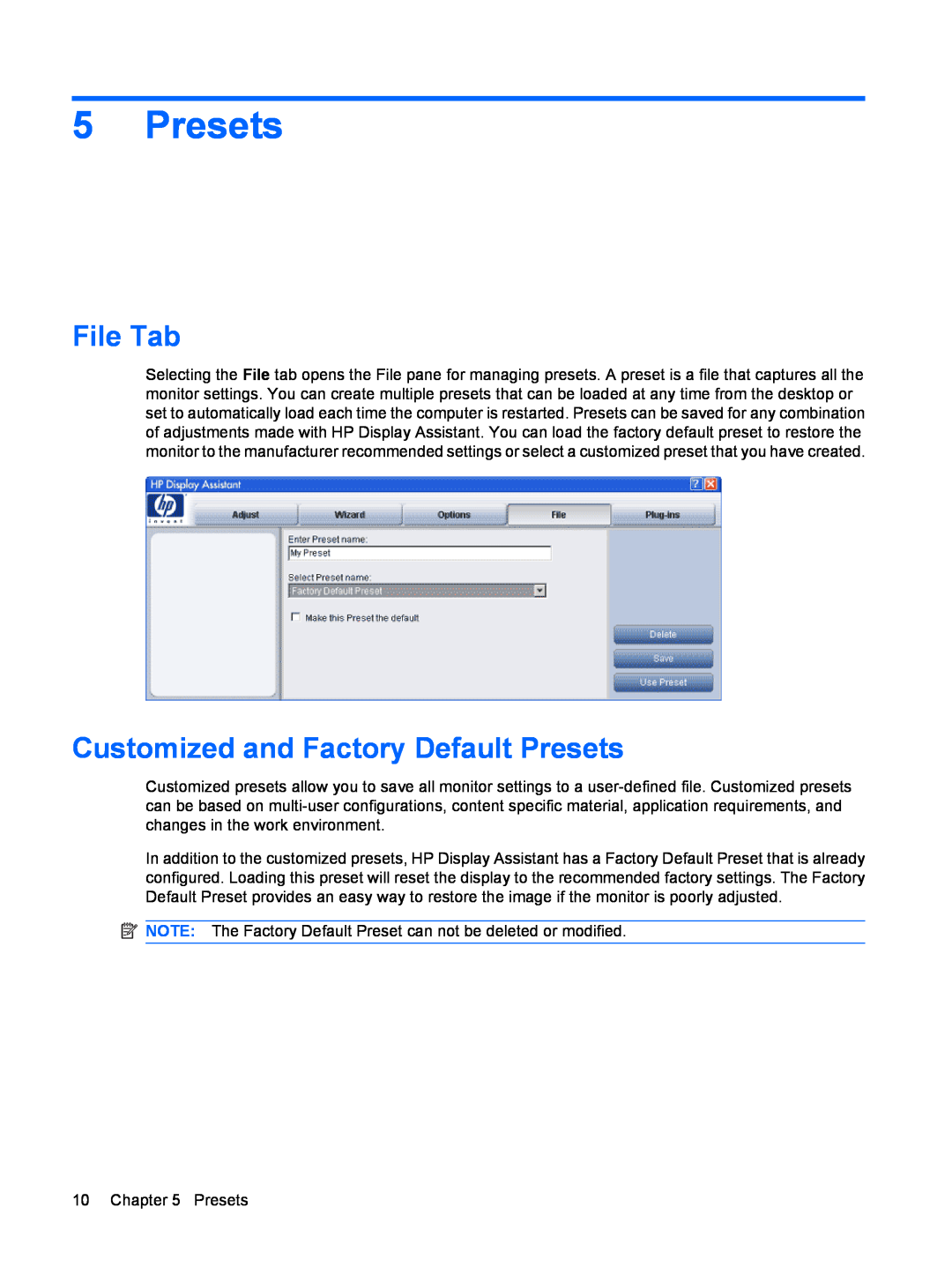 HP L1950 19-inch manual File Tab, Customized and Factory Default Presets 