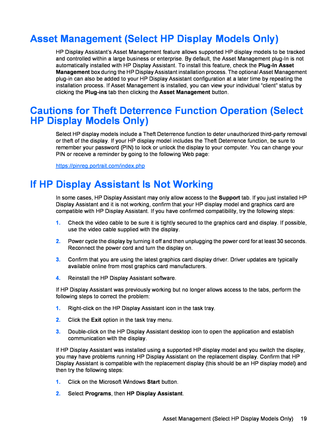HP L1950 19-inch manual Asset Management Select HP Display Models Only, If HP Display Assistant Is Not Working 