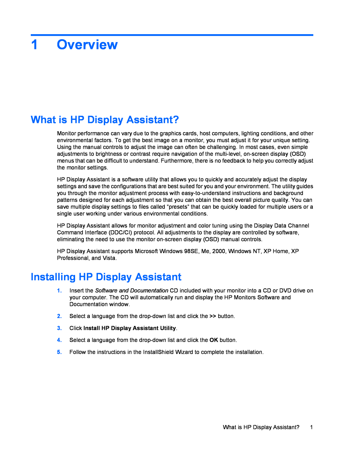 HP L1950 19-inch manual Overview, What is HP Display Assistant?, Installing HP Display Assistant 