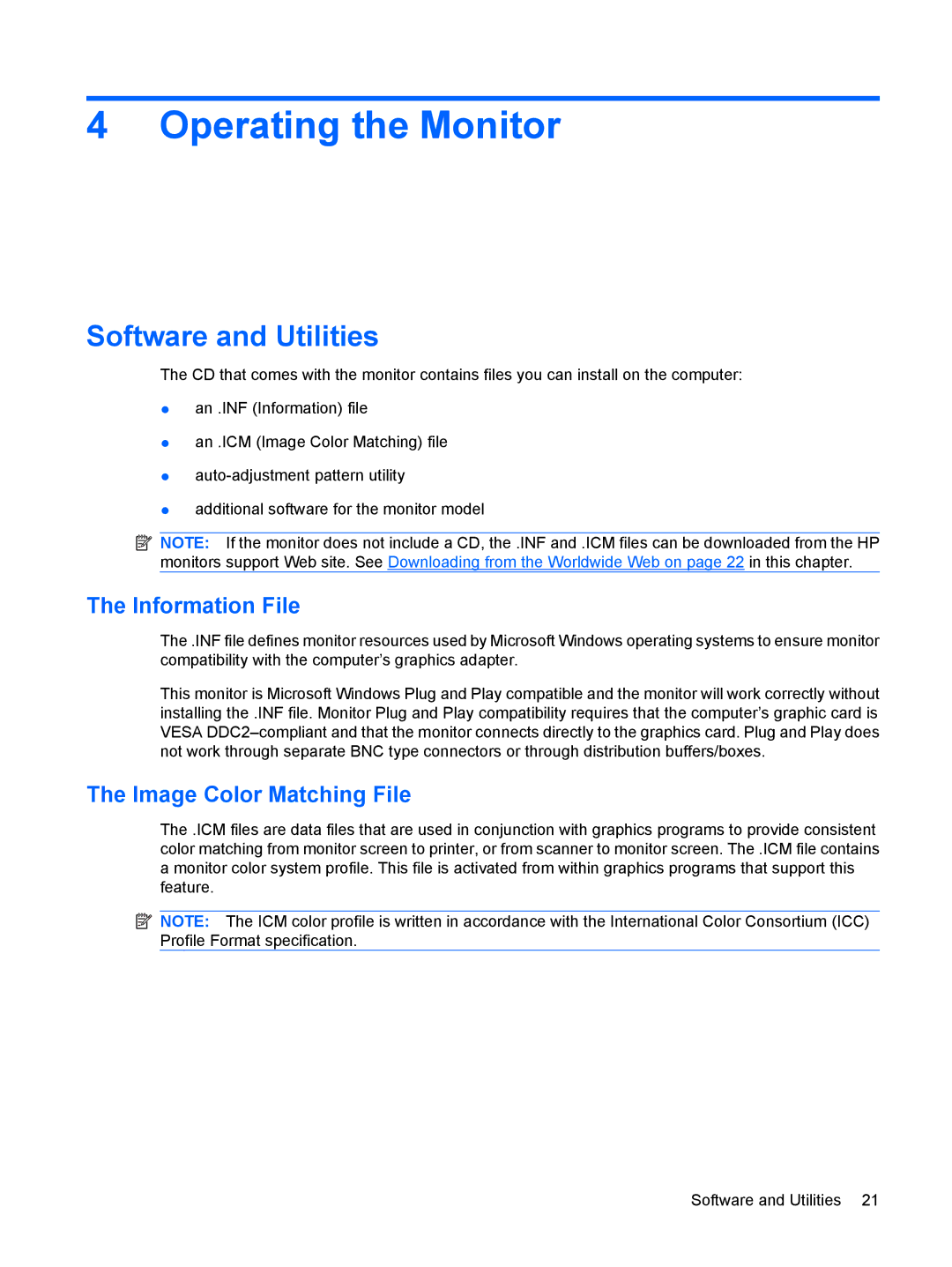 HP L1910, L1950, L1710, L1750 Operating the Monitor, Software and Utilities, Information File, Image Color Matching File 