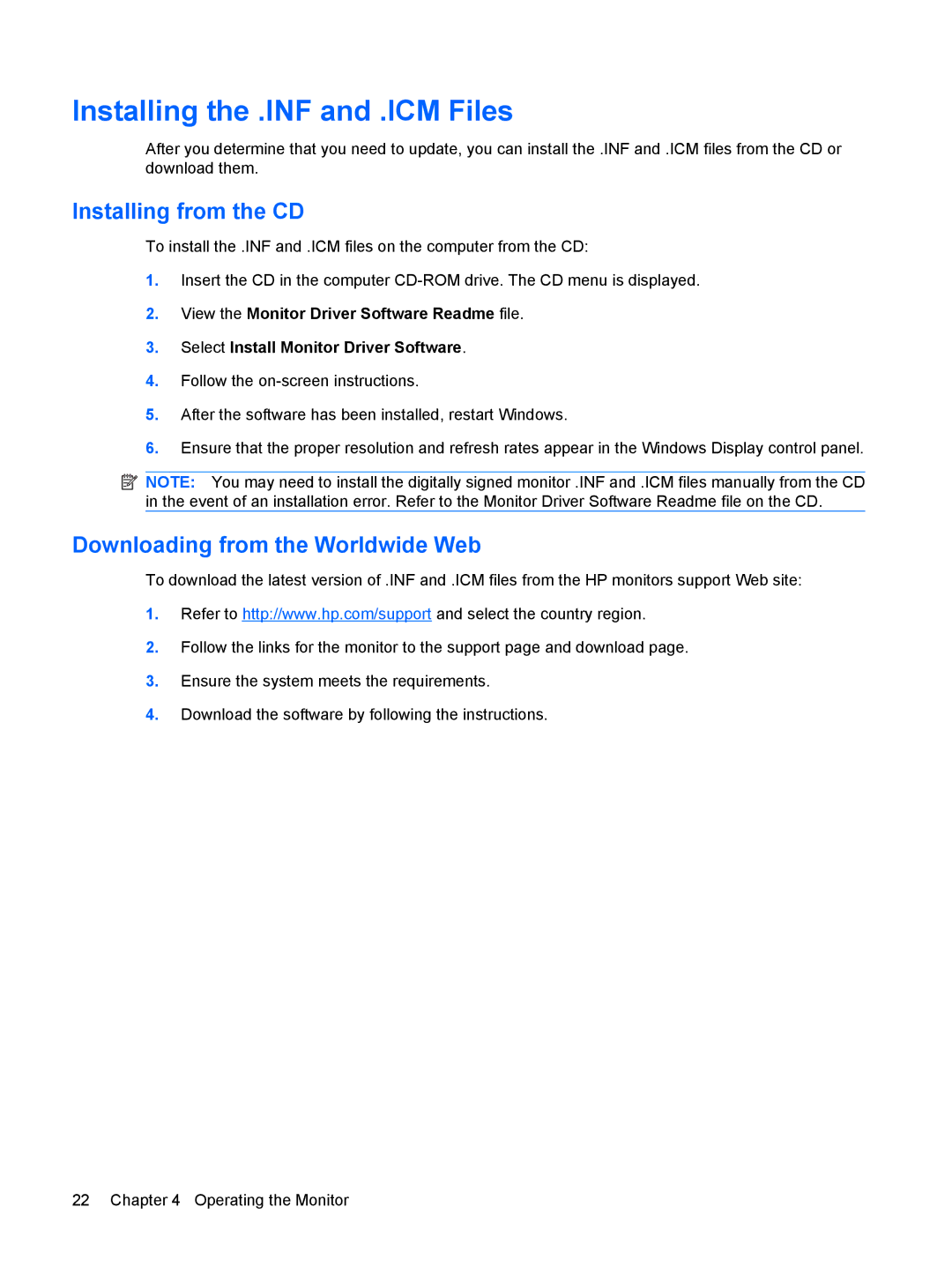 HP L1950, L1710, L1750, L1910 Installing the .INF and .ICM Files, Installing from the CD, Downloading from the Worldwide Web 