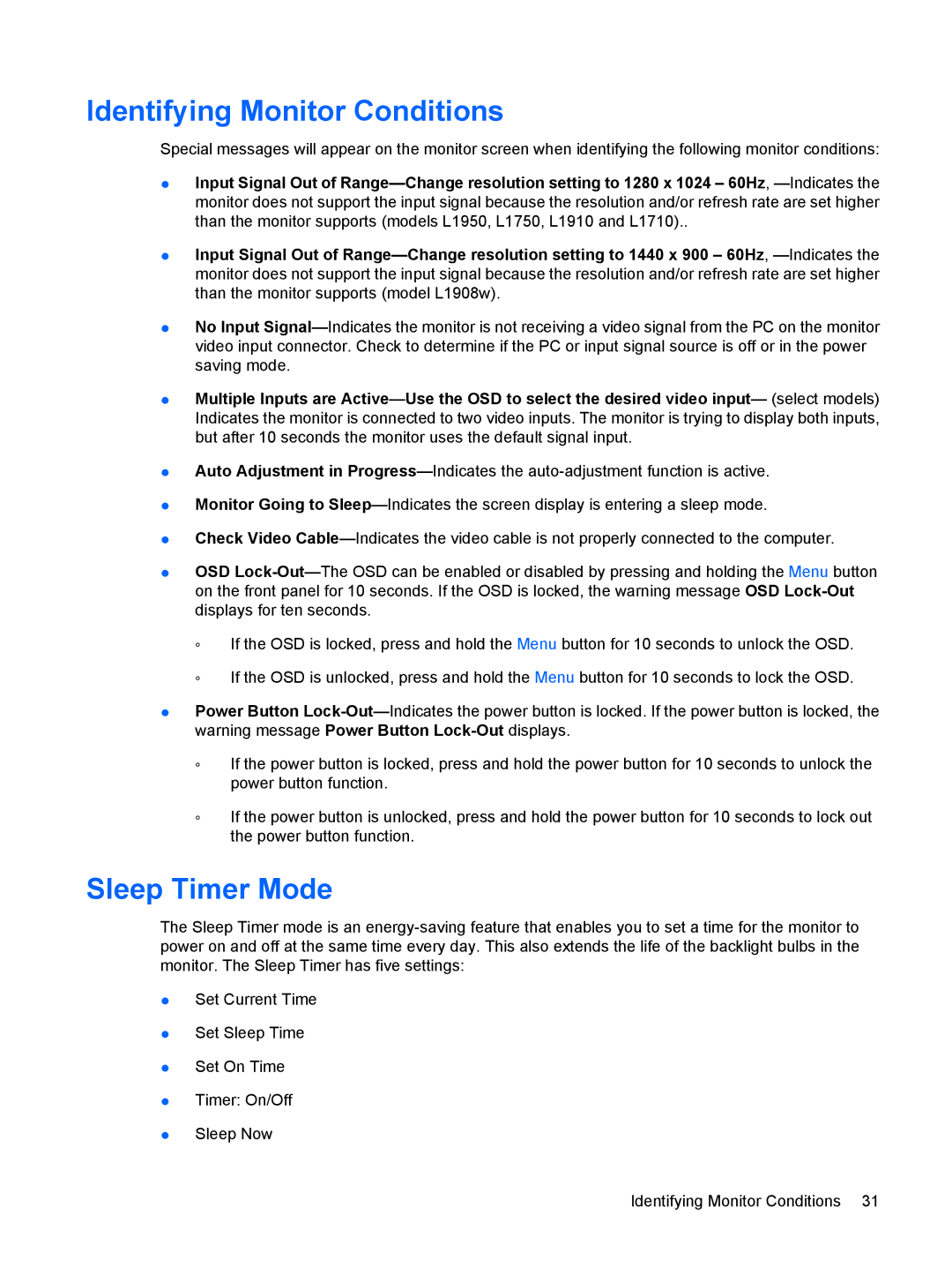 HP L1710, L1950, L1750, L1910 manual Identifying Monitor Conditions, Sleep Timer Mode 