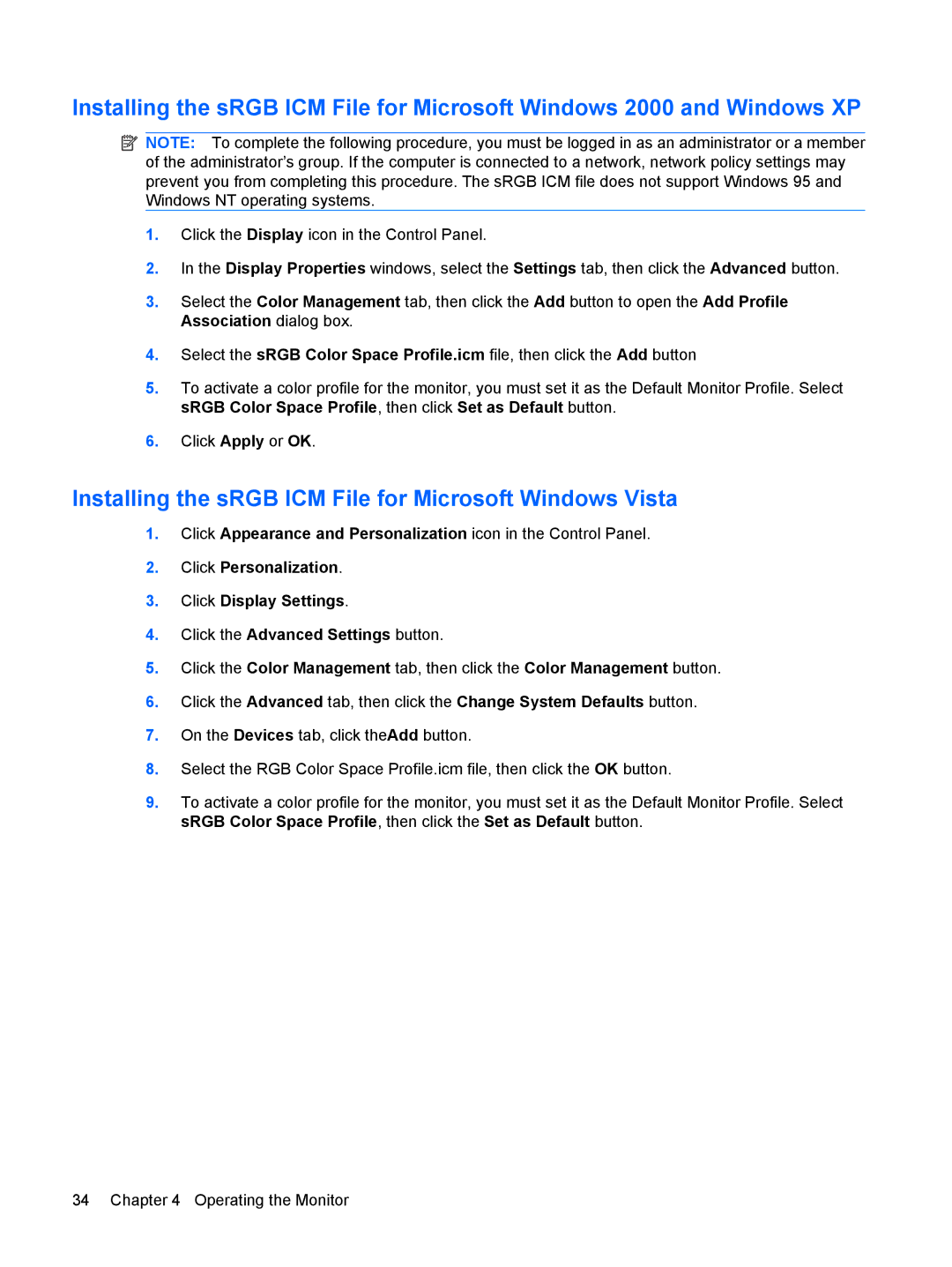 HP L1950, L1710, L1750, L1910 manual Installing the sRGB ICM File for Microsoft Windows Vista 